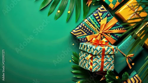 Kwanzaa celebration background with vibrant gift boxes and tropical leaves
