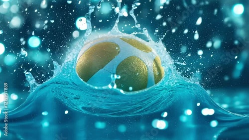 Vibrant water splashing around a sport ball in motion, energetic summer activity concept
