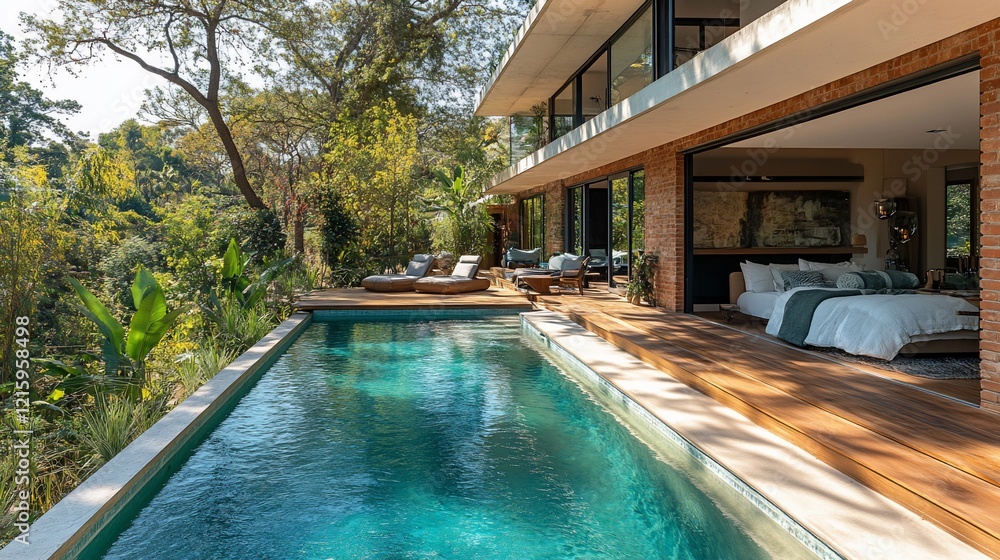 Obraz premium Modern house with infinity pool overlooking lush forest.