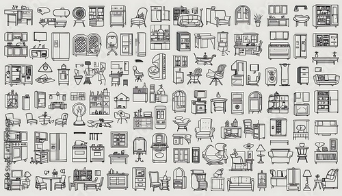 A comprehensive collection of hand-drawn furniture and home appliance illustrations, showcasing various styles and designs for interior design inspiration.
