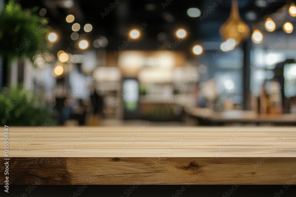 Empty wooden table, cafe background, bokeh lights, restaurant Empty wooden table, cafe background, bokeh lights, restaurant