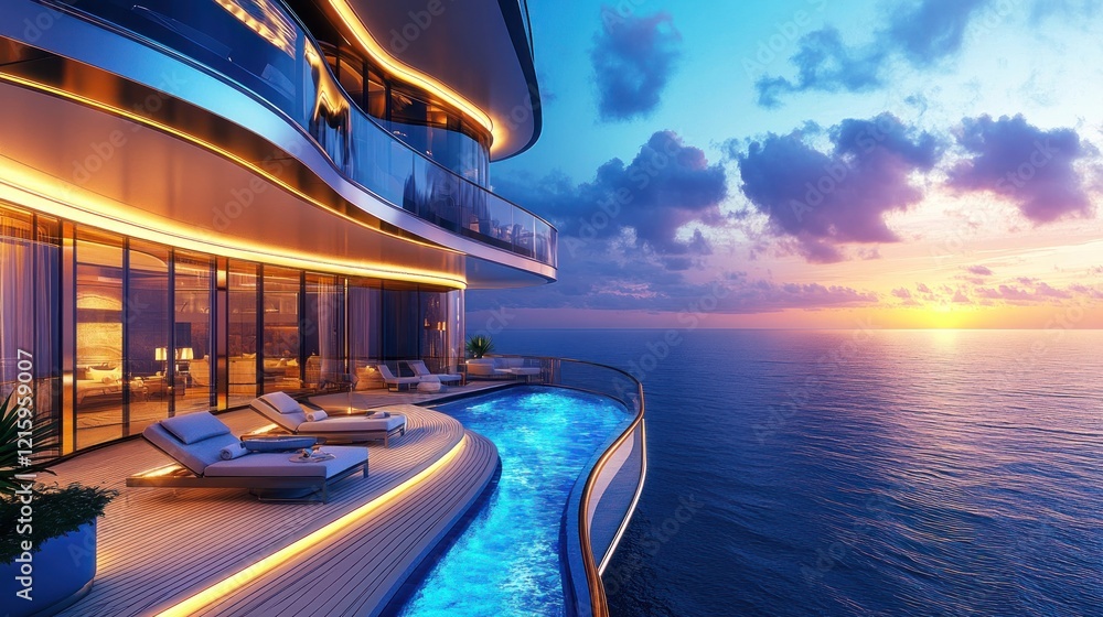 Fototapeta premium Luxury Oceanfront Penthouse with Infinity Pool at Sunset