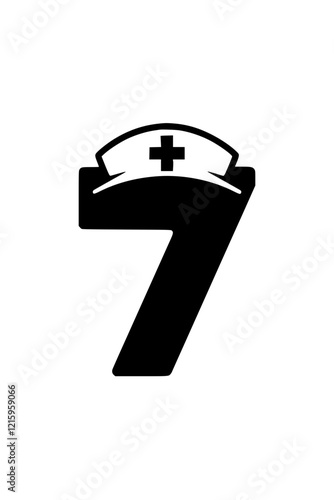Number 7 with nurse hat illustration, Creative design of the number 7 featuring a nurse hat with a medical cross, symbolizing healthcare, nursing, and medical assistance.  
  
