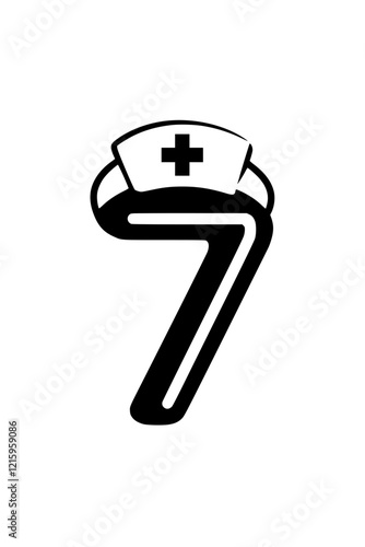 Number 7 with nurse hat illustration, Creative design of the number 7 featuring a nurse hat with a medical cross, symbolizing healthcare, nursing, and medical assistance.  
  
