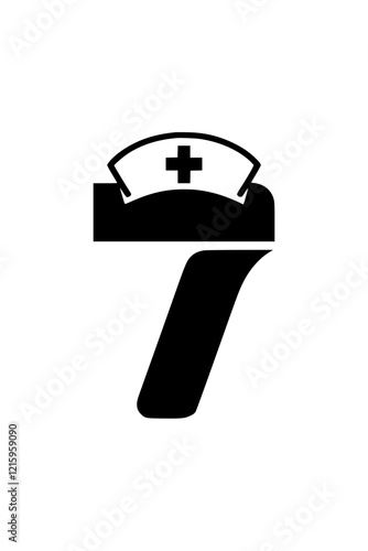 Number 7 with nurse hat illustration, Creative design of the number 7 featuring a nurse hat with a medical cross, symbolizing healthcare, nursing, and medical assistance.  
  
