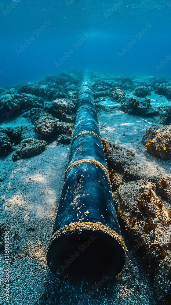 Submerged pipe rests gently on seabed calm blue water surrounds. AI Generated Submerged pipe rests gently on seabed calm blue water surrounds. AI Generated