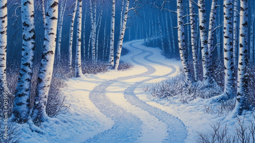 Naklejka premium Snowy forest path with birch trees, soft winter light creating a peaceful ambiance