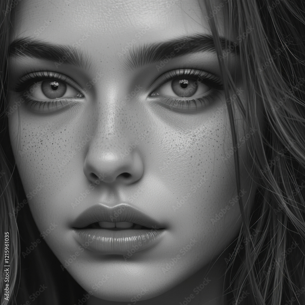 Black and White Sensual Minimalist Portrait of a Young Woman with Freckles, Seductive Gaze