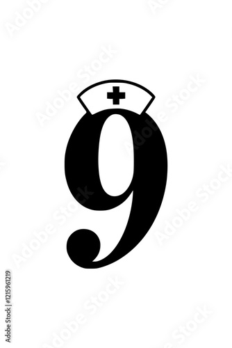 Number 9 with nurse hat illustration, Creative design of the number 9 featuring a nurse hat with a medical cross, symbolizing healthcare, nursing, and medical assistance.  
  
