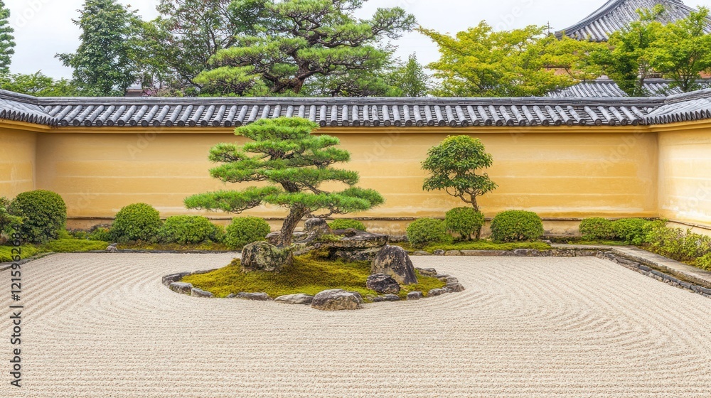 Obraz premium Serene Zen Garden: A Tranquil Japanese Rock Garden with Bonsai Tree