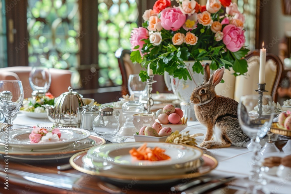 Fototapeta premium Elegant easter table setting with rabbit and spring flowers in a sunlit dining room