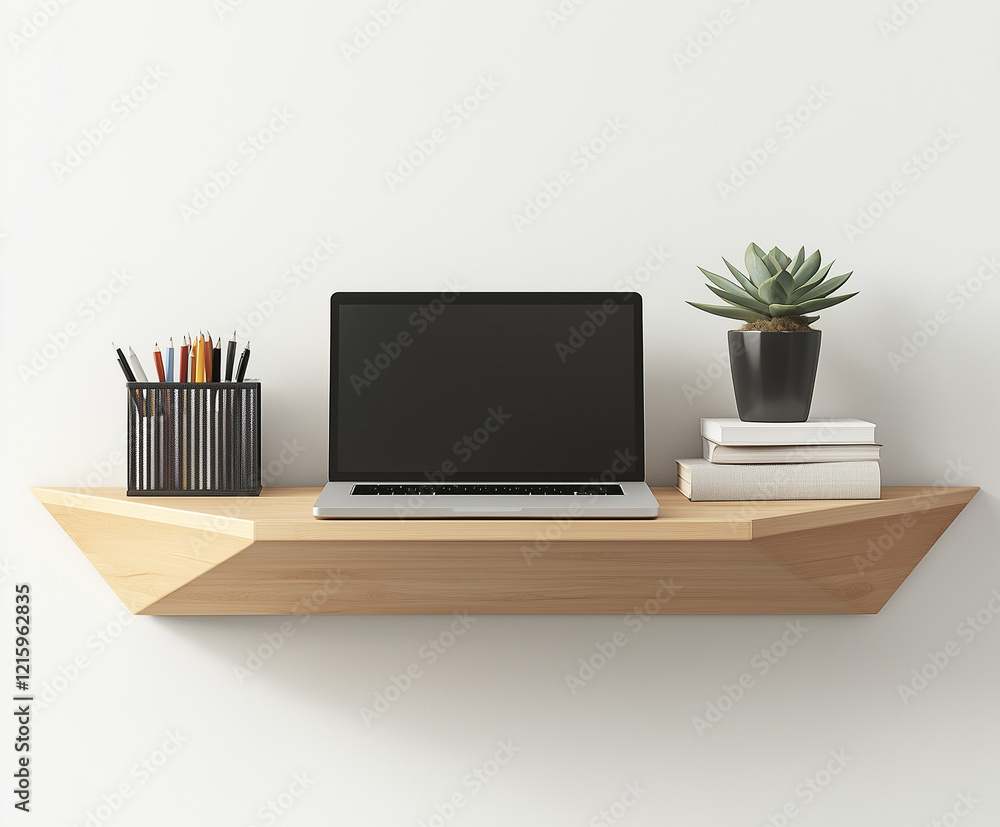 Fototapeta premium Floating Wall Shelf in a Minimalist Home Office for Clean and Functional Design