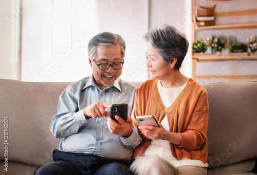 ソファーに座ってスマホの画面を見ている老夫婦（Elderly couple sitting on the sofa looking at a smartphone screen）
 photo