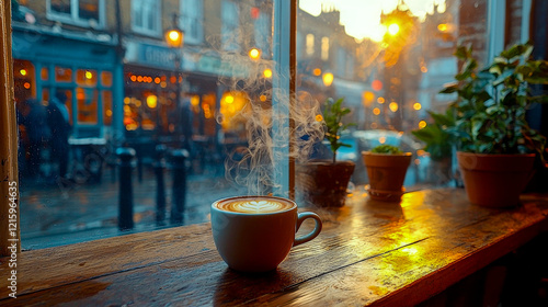 A coffee cup and plants on a windowsill with street view, in warm evening light creating a cozy feel photo