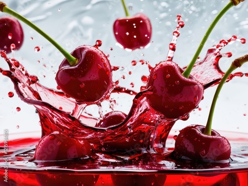 Fresh cherries falling into water