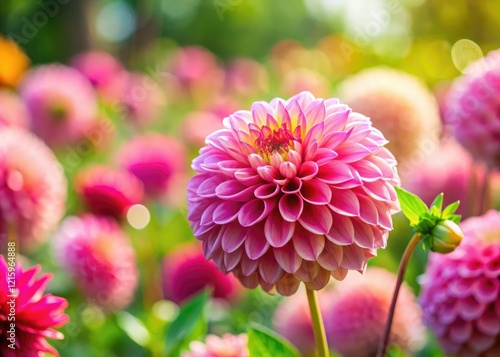 Miniature dahlia garden: fluffy pink pompons, tilt-shift photography captures enchanting bloom detail.