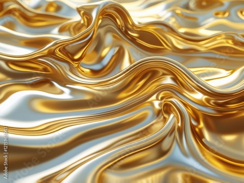 Golden Liquid Silk Abstract image of flowing, shimmering gold fabric or liquid, creating luxurious, elegant, and opulent waves. The light reflects beautifully on the smooth surface.