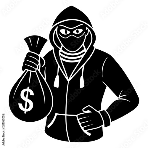 Silhouette, masked thief, money bag, dollar sign, hooded figure, black and white, iconographic, simple graphic design, negative space, criminal, burglar, stylized, vector art, minimalist,