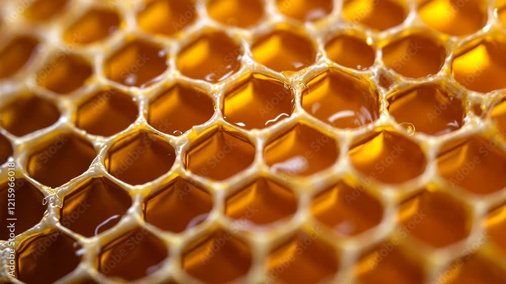 Closeup transformation of golden honeycomb structure capturing natural texture and flow Closeup transformation of golden honeycomb structure capturing natural texture and flow