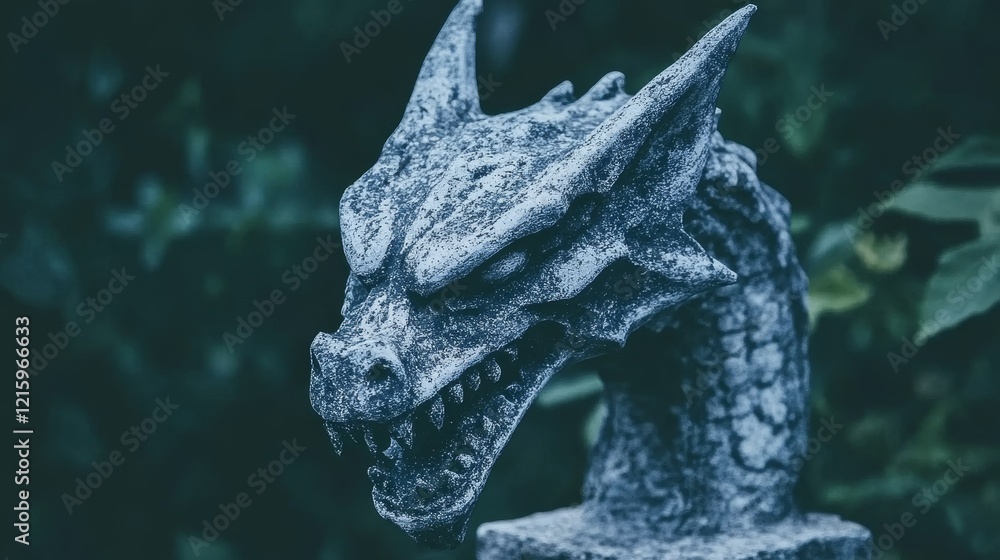 Fototapeta premium Stone Dragon Garden Statue, Mystical Forest Setting