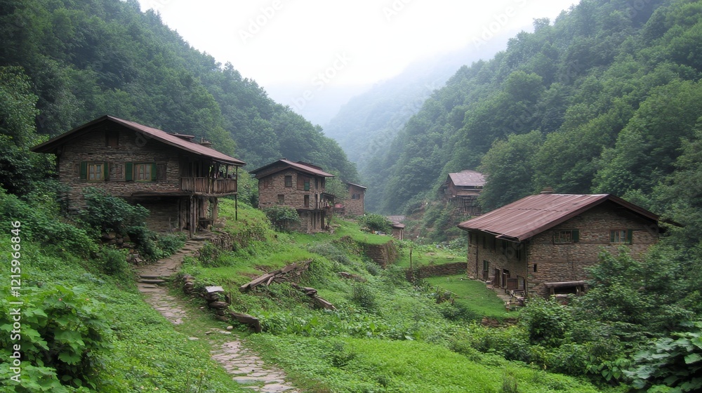 Stone Houses nestled in a Verdant Mountain Valley Stone Houses nestled in a Verdant Mountain Valley