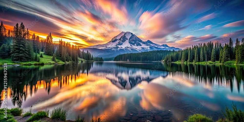Fototapeta premium Rainier's Summit Lake ablaze: golden hour sunset paints a breathtaking mountain lake reflection.
