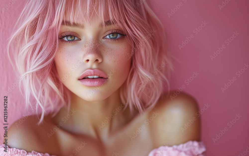 Naklejka premium A stunning close-up portrait of a young woman with pastel pink hair, styled in soft waves, against a pink and teal gradient background. A modern and fashionable look in contemporary beauty trends.