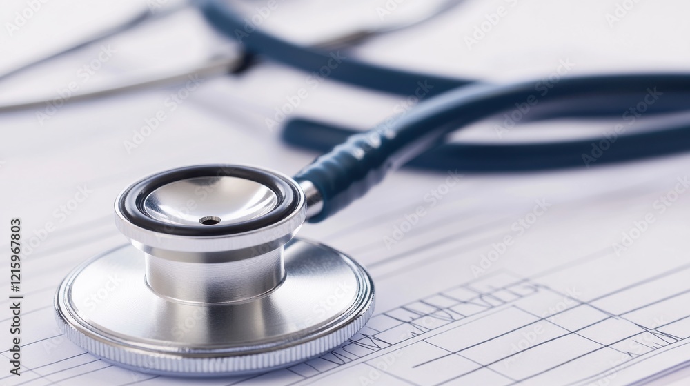 A clean, detailed close-up of a stethoscope placed on a medical chart, against a white background A clean, detailed close-up of a stethoscope placed on a medical chart, against a white background