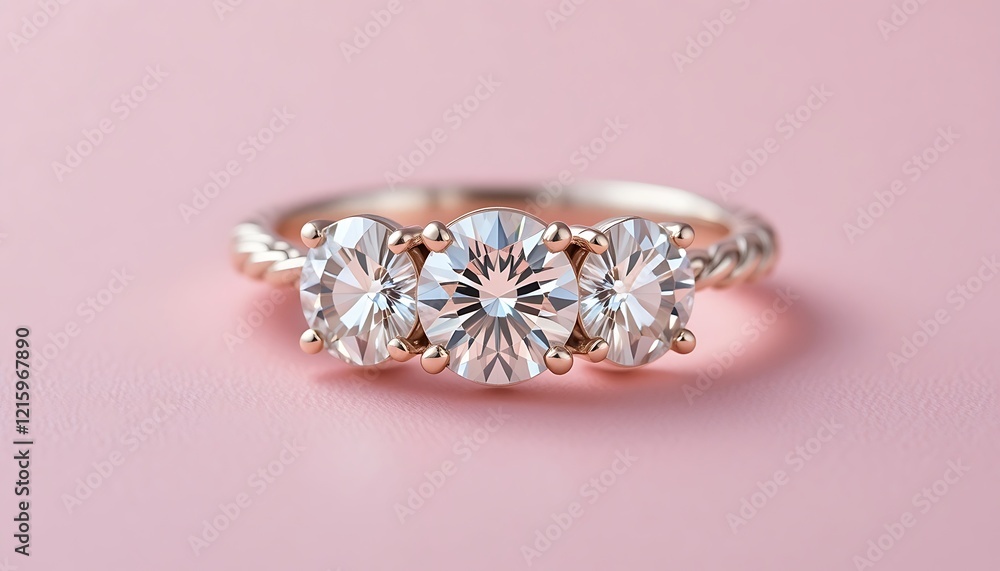 Stunning Rose Gold Three-Stone Moissanite Engagement Ring on Pink Background Stunning Rose Gold Three-Stone Moissanite Engagement Ring on Pink Background