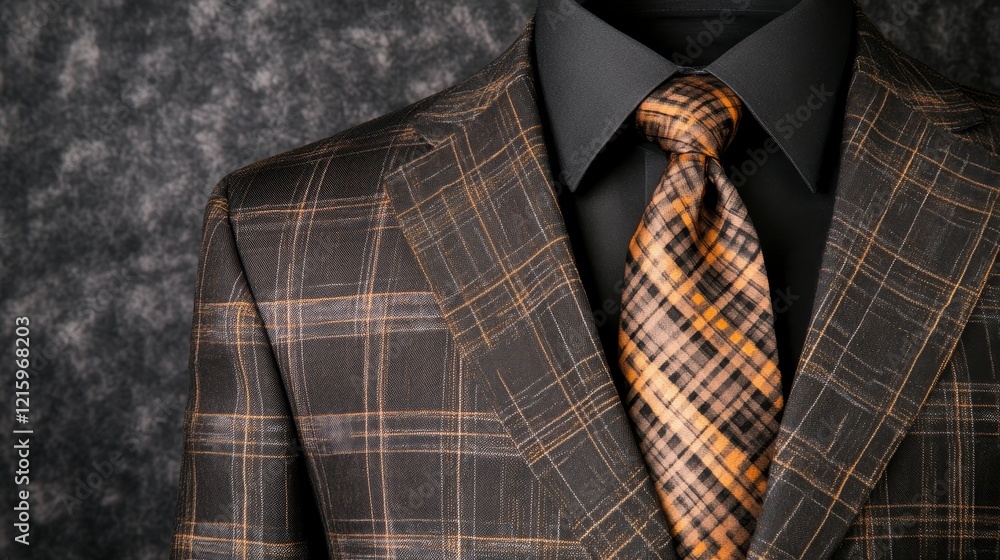Stylish Menswear Brown Plaid Suit and Orange Tie Stylish Menswear Brown Plaid Suit and Orange Tie