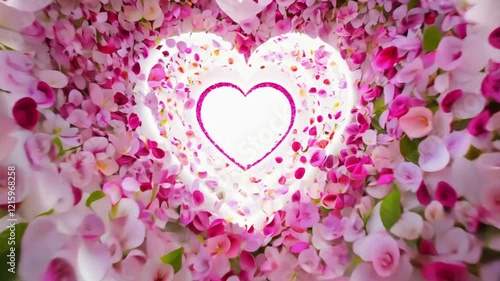 Enchanting flower petal tunnel with glowing heart-shaped center.