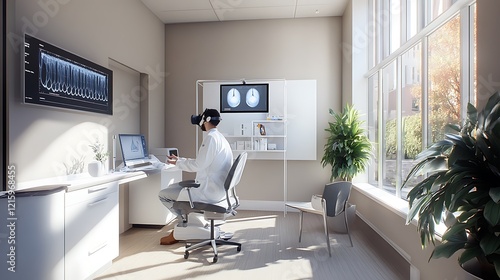 A Doctor Wearing a VR Headset in a Modern Office