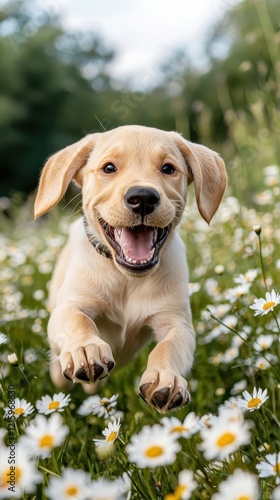 A happy puppy playing in a field of daisies on a sunny day. photo