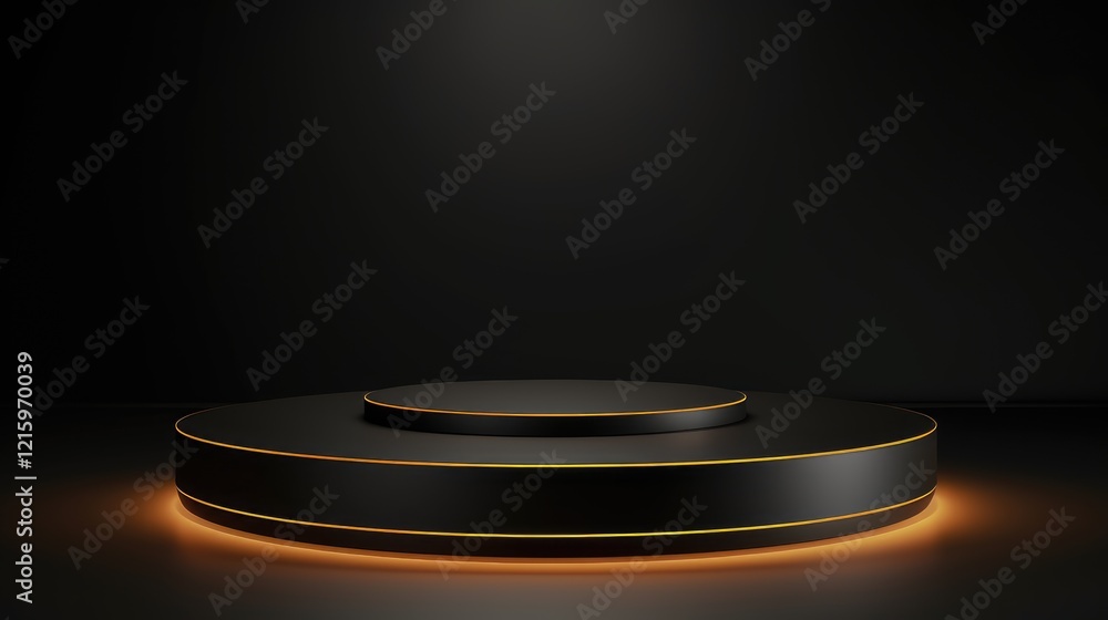 A sleek, illuminated black podium on a dark background, ideal for presentations or displays. A sleek, illuminated black podium on a dark background, ideal for presentations or displays.