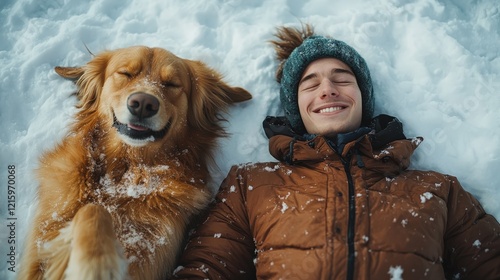 Golden retriever and its human lying side by side in the snow, both flailing their arms and legs to make snow angels, sharing matching goofy grins photo