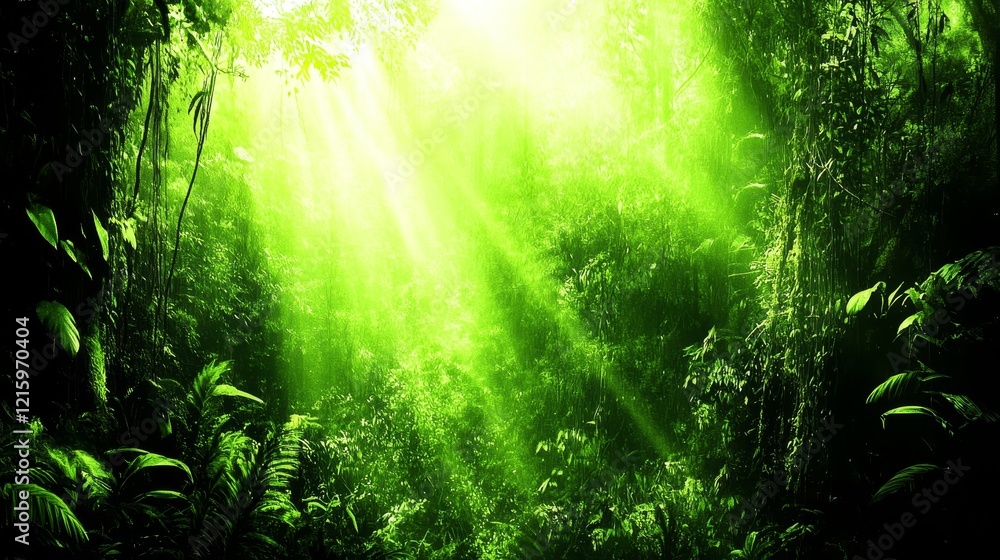 Fototapeta premium Sunbeams Illuminate Lush Green Rainforest Canopy (1)