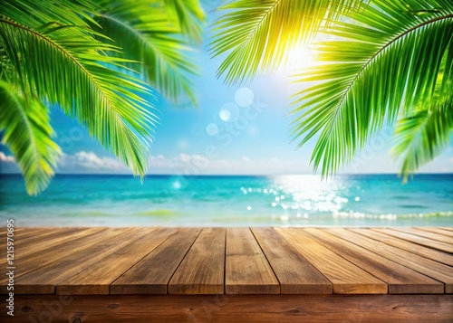 Sun-kissed beach scene: wooden table, palm fronds, ocean view, minimalist summer display.