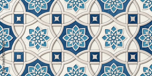 White and blue abstract geometry moroccan mosaic texture background. Abstract vector seamless pattern.
