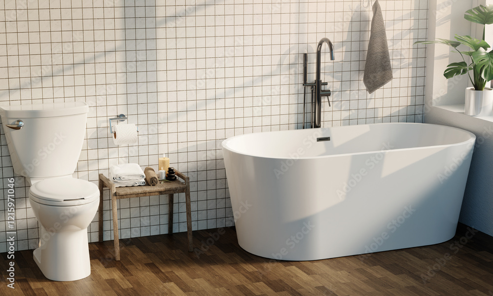 Fototapeta premium Elegant tiled bathroom with freestanding bathtub and rustic accents, 3D render illustration.