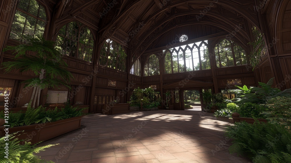 Fototapeta premium Sunlit Conservatory Lush Plants in Wooden Cathedral