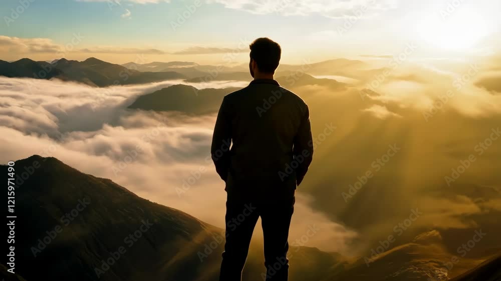 Man on Top of a Mountain with a Sea of Clouds Beneath, Embracing the Scenic Beauty Man on Top of a Mountain with a Sea of Clouds Beneath, Embracing the Scenic Beauty