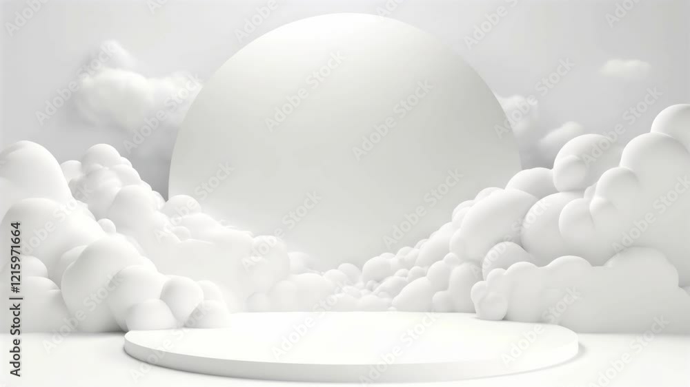 Minimalist 3D animation with soft, rounded clouds and a large sphere in a monochrome palette. Smooth, rotating camera angle. Video style, surreal and abstract.