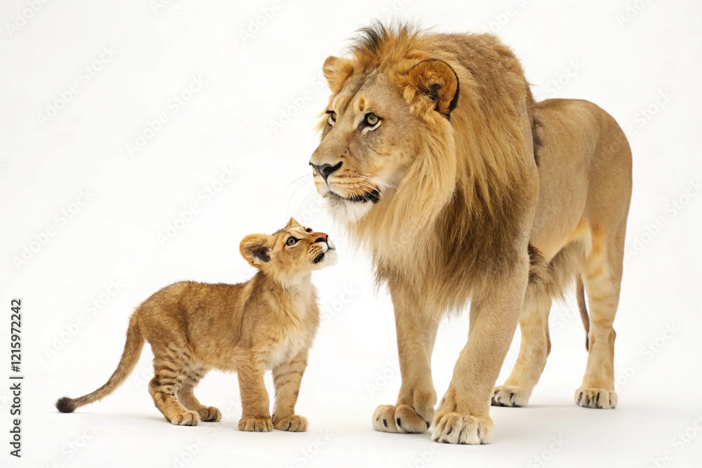 Obraz premium Big lion and little cute lion cub, cut out. Based on Generative AI