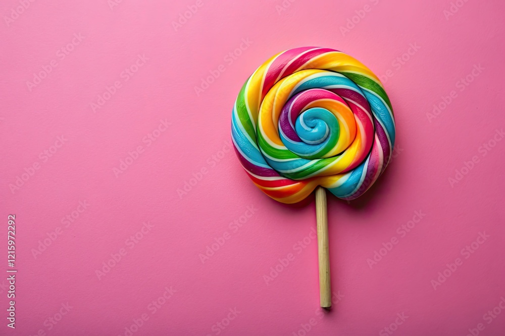 Vibrant rainbow swirl lollipop on pink, a sweet candy treat.