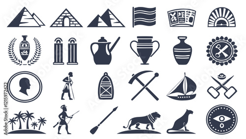 Flat Icons Silhouettes Depicting Ancient Civilizations and Archaeological Tools