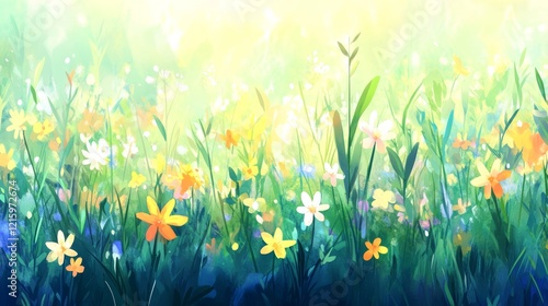 Sunlit Meadow of Vibrant Spring Flowers Blooming