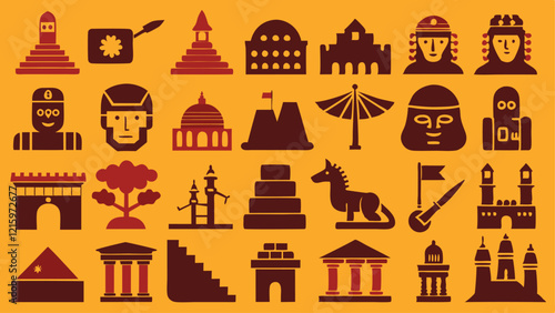 Flat Icons Silhouettes Showcasing Pyramids, Aqueducts, and Cuneiform Scripts