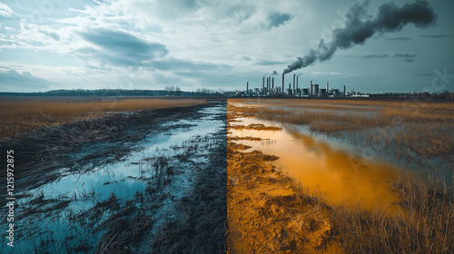 ESG Impact, A before-and-after comparison of a polluted environment vs. a restored one, highlighting the impact of ESG (Environmental, Social, and Governance) practices