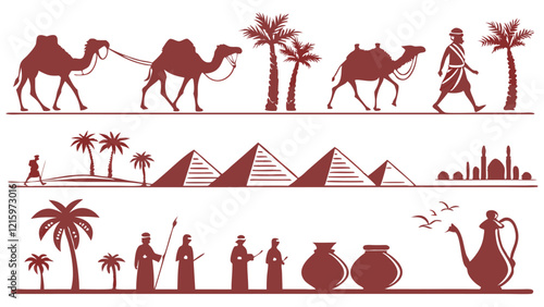 Flat Icons Silhouettes Representing Ancient Desert Cultures, Camels, and Oases