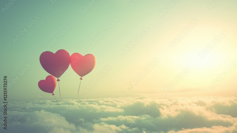 Fototapeta premium Floating heart balloons in the sky romantic atmosphere dreamy clouds serene viewpoint love concept